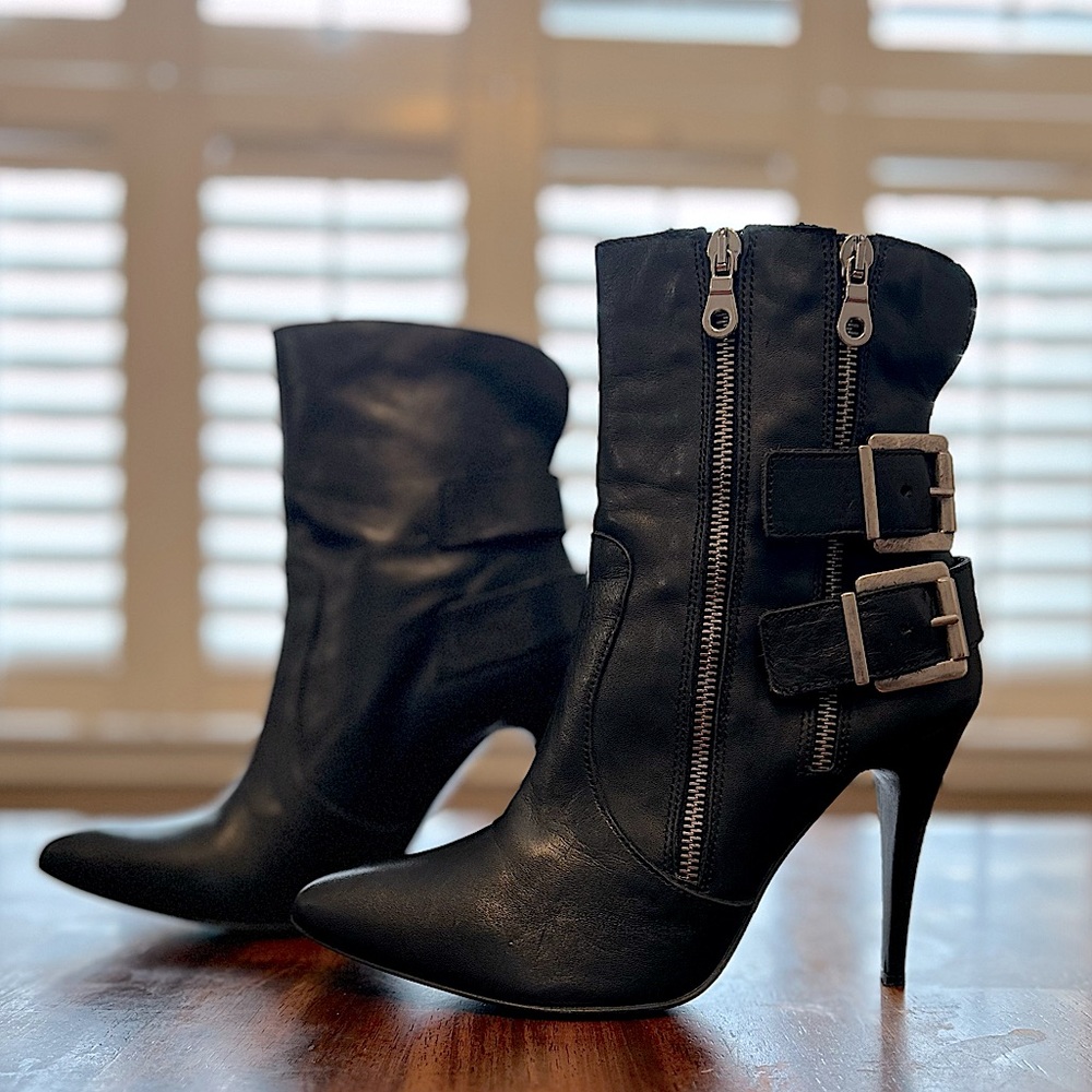 Charles David black leather buckle booties Size 7